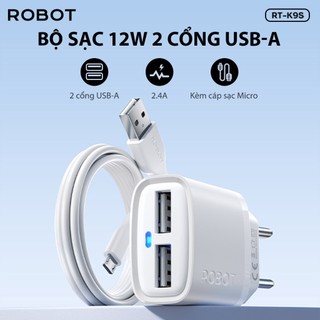 Cốc Sạc ROBOT RT-K9S/ RT-K9SC - 2 Cổng Sạc Ra Sạc USB Tặng Kèm Cáp Micro/ Type-C Dài 1m