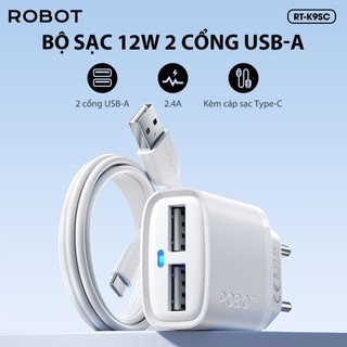 Cốc Sạc ROBOT RT-K9S/ RT-K9SC - 2 Cổng Sạc Ra Sạc USB Tặng Kèm Cáp Micro/ Type-C Dài 1m