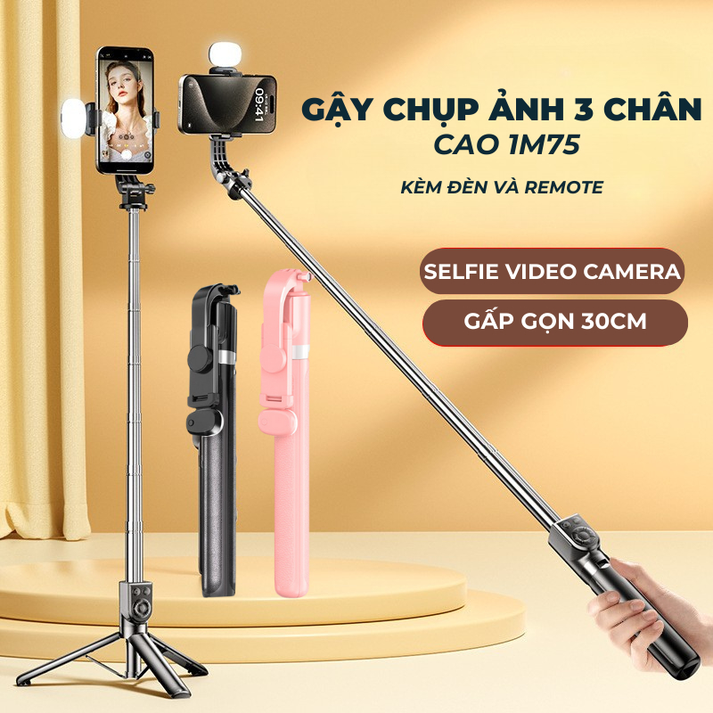 Gậy chụp ảnh 3 chân cao 1M75 gậy selfie tripod có remote giá đỡ điện thoại quay video livestream