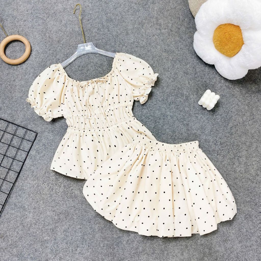 Set Đồ Nữ Áo Chấm Bi Tay Bồng Phối Chân Váy Xòe –  Đi Chơi, Dạo Phố, Nữ Tính Trẻ Trung A282-CV423