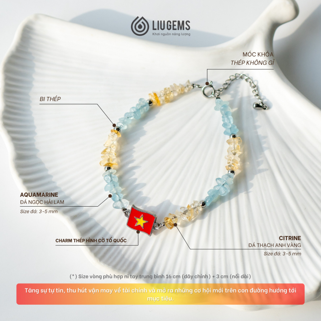 Vòng Tay Đá Thô Tự Nhiên Liugems Handmade Mix Charm Lá Cờ Tổ Quốc Thép Không Gỉ Cao Cấp VTDT08