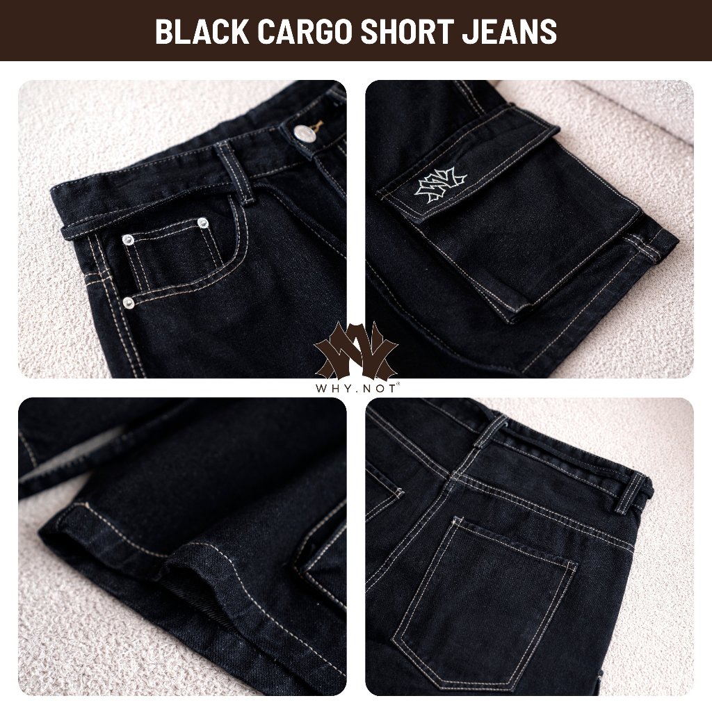 [Có Bigsize] - Quần Short Jean Nam Túi Hộp WHY.NOT NAVY CARGO SHORT JEANS Form Rộng Trên Gối - Quần Đùi, Quần Sooc Bò