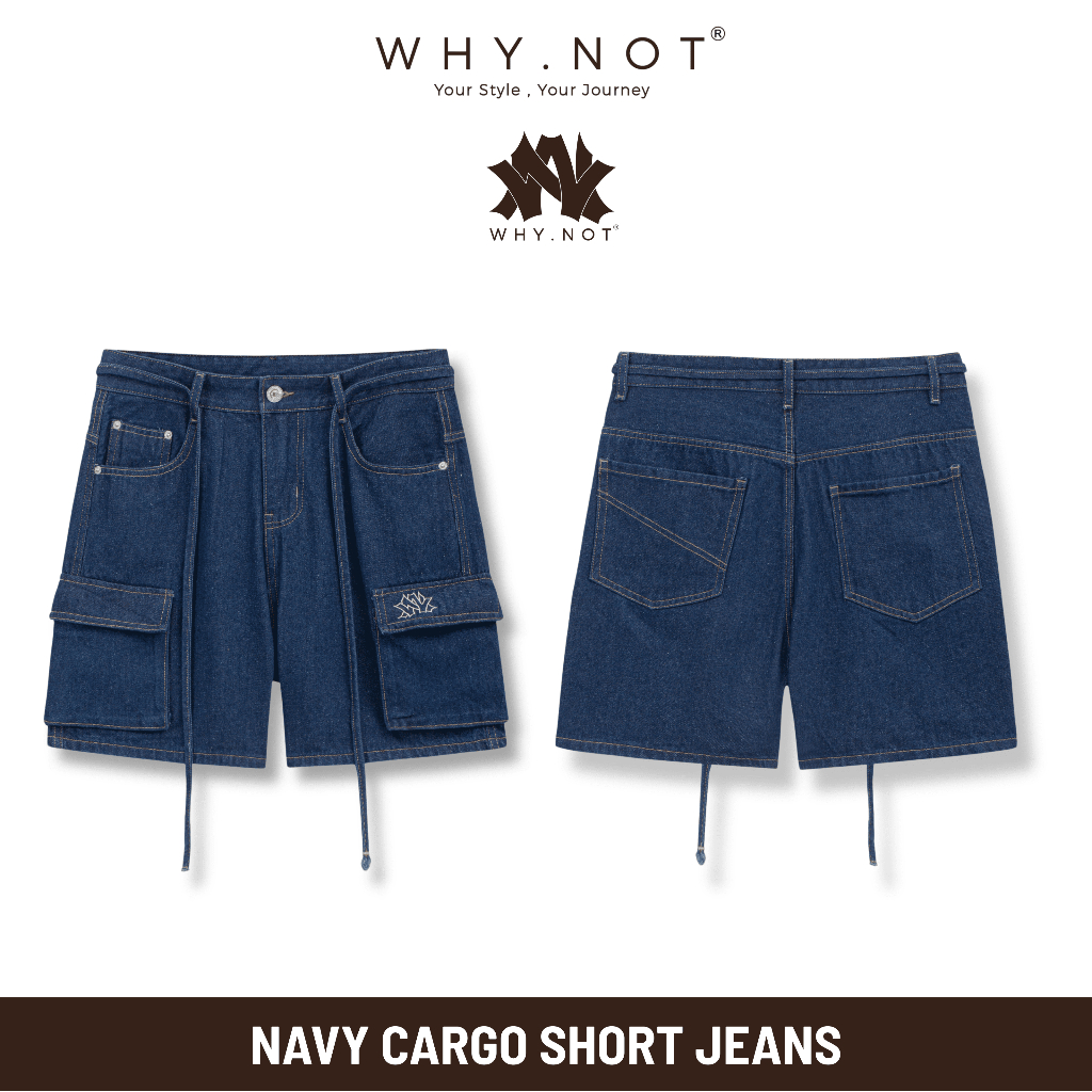 [Có Bigsize] - Quần Short Jean Nam Túi Hộp WHY.NOT NAVY CARGO SHORT JEANS Form Rộng Trên Gối - Quần Đùi, Quần Sooc Bò