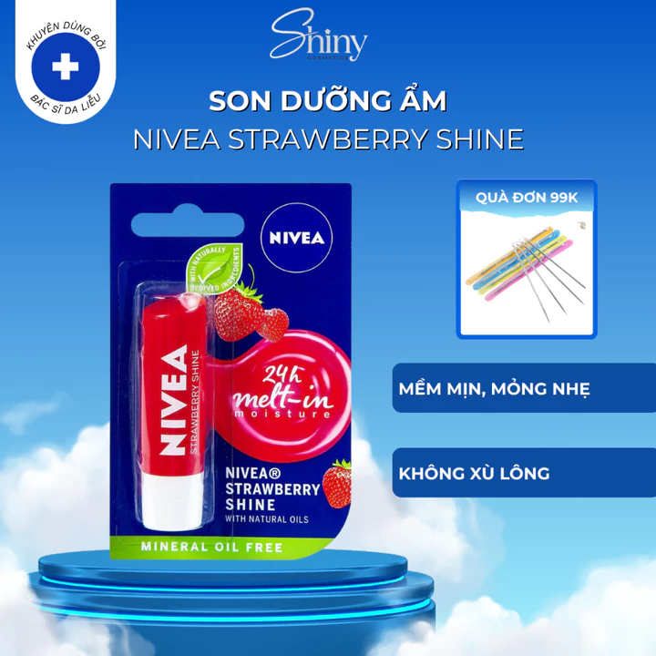 Son dưỡng ẩm sắc đỏ dâu tây Nivea Strawberry Shine giữ ẩm môi, ngăn ngừa môi mất nước 4.8g