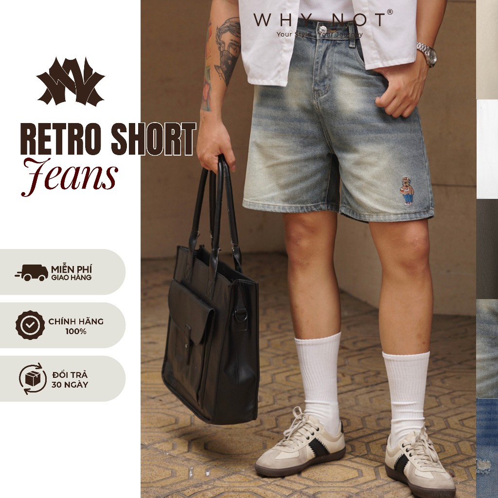 [VÕ HOÀNG YẾN x WHY.NOT] - Quần Short Jeans Nam Retro Blue Form Trên Gối Thêu Linh Vật - Quần Đùi Bò