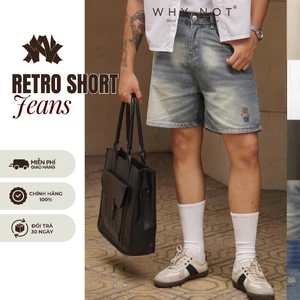 - Quần Short Jeans Nam Retro Blue Form Trên Gối Thêu Linh Vật - Quần Đùi Bò