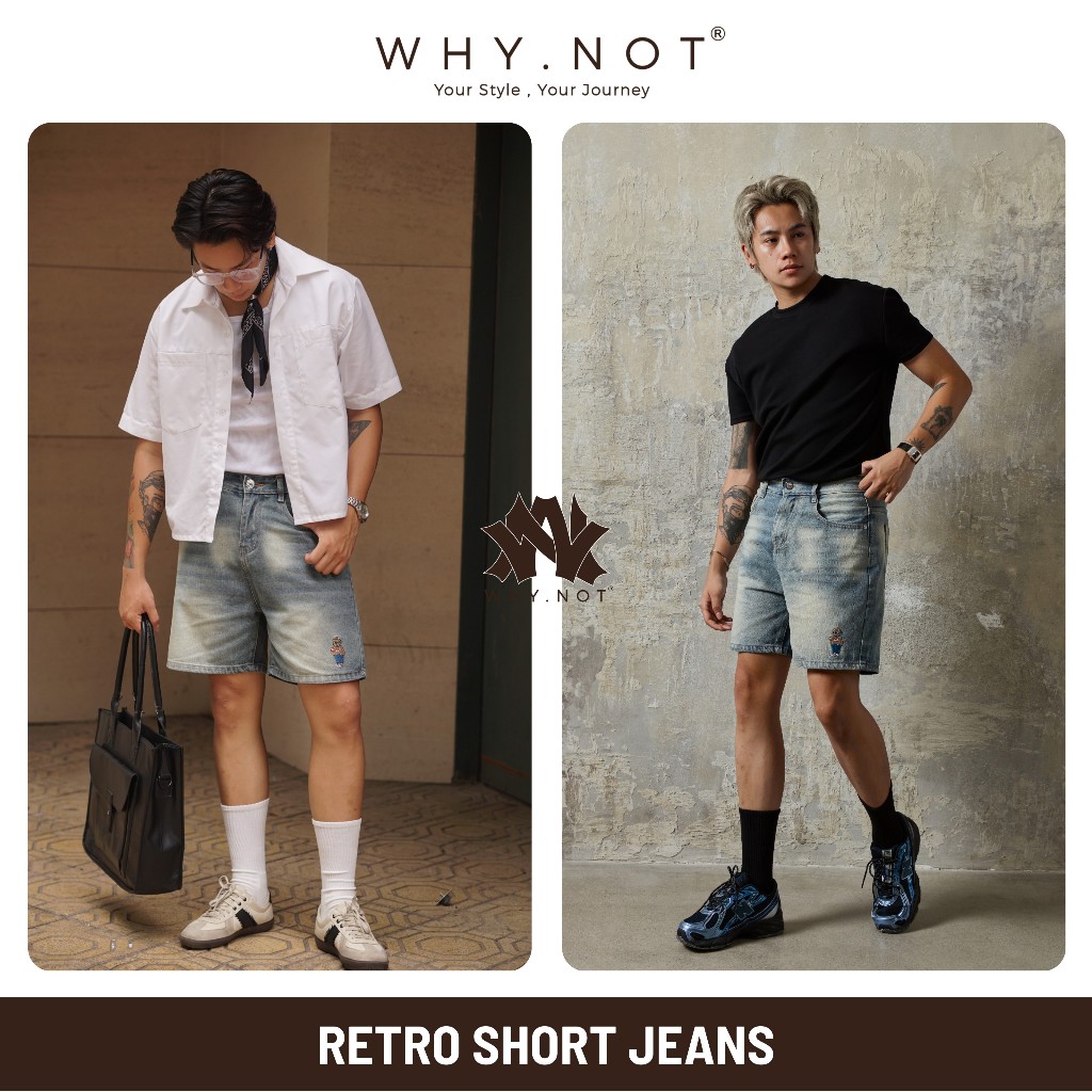 [VÕ HOÀNG YẾN x WHY.NOT] - Quần Short Jeans Nam Retro Blue Form Trên Gối Thêu Linh Vật - Quần Đùi Bò