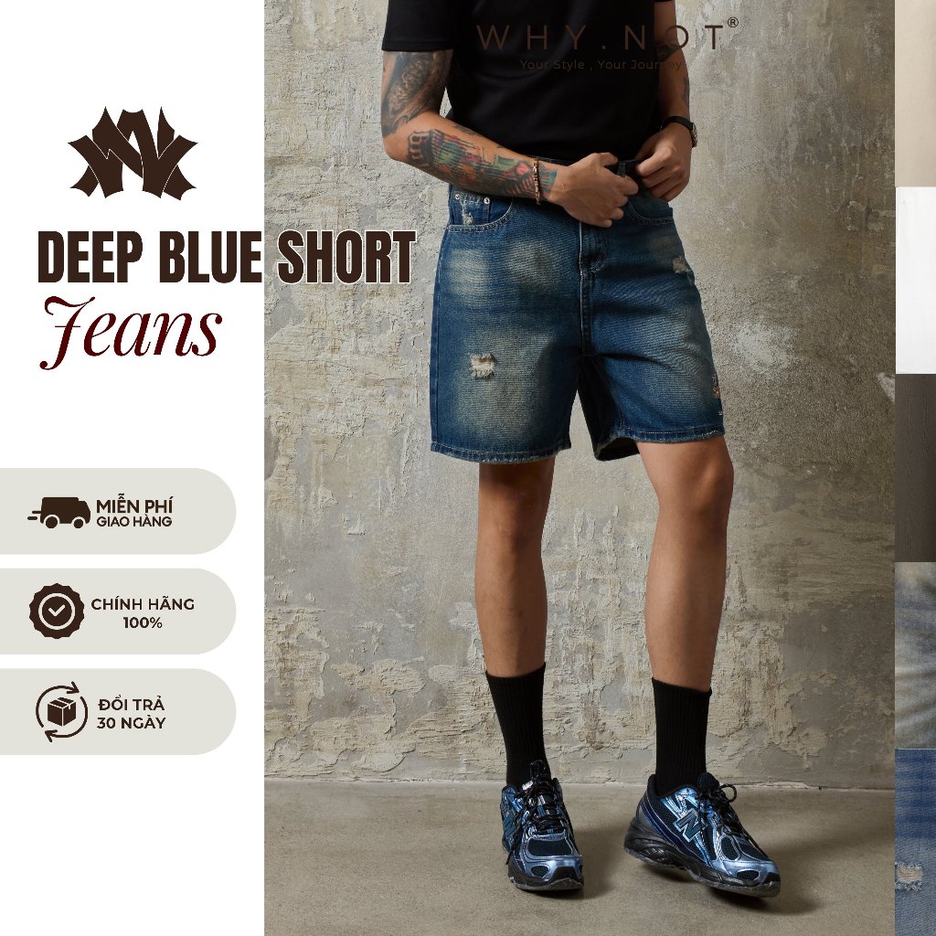 [Có Bigsize] - Quần Short Jeans Nam WHY.NOT Deep Blue Short Jean Form Rộng Trên Gối - Quần Đùi Jean