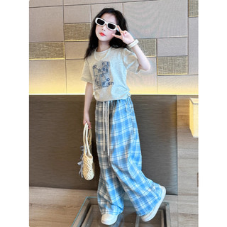 [B&G] Sét bộ Áo thun xám phối cùng quần ống rộng caro xanh mùa thu cho bé gái từ 10-45kg(2-12 tuổi)