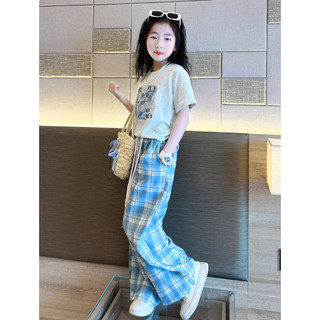 [B&G] Sét bộ Áo thun xám phối cùng quần ống rộng caro xanh mùa thu cho bé gái từ 10-45kg(2-12 tuổi)