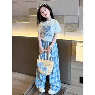 [B&G] Sét bộ Áo thun xám phối cùng quần ống rộng caro xanh mùa thu cho bé gái từ 10-45kg(2-12 tuổi)