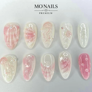 Nailbox Thiết Kế Tiểu Thư, Móng Úp, Móng Tay Giả Đi Biển Vân Nổi Loang Sứa Hồng Nhũ P01