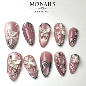 Nailbox Thiết Kế, Móng Úp, Móng Tay Giả Hồng Sậm Mắt Mèo Ánh Trăng Hoa Ly Nổi P02