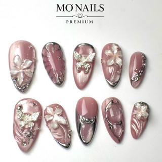 (Mua 1 Tặng 1) Nailbox Thiết Kế, Móng Úp, Móng Tay Giả Hồng Sậm Mắt Mèo Ánh Trăng Hoa Ly Nổi P02