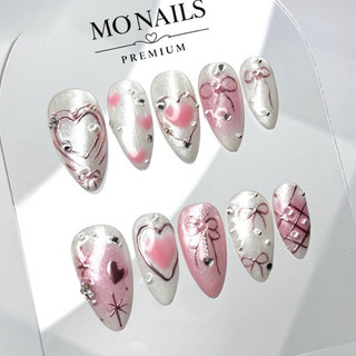 (Mua 1 Tặng 1) Nailbox Thiết Kế Tiểu Thư Sang Chảnh, Móng Úp, Móng Tay Giả Vẽ Nổi Tráng Gương Hồng Nhũ Trắng P04