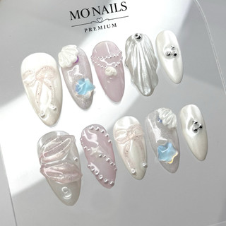 (Mua 1 Tặng 1) Nailbox Thiết Kế Tiểu Thư, Móng Úp, Móng Tay Giả Pastel Nơ Nổi Charm Ngọc Trai P06