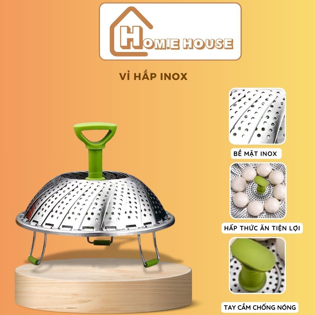 Xửng hấp, vỉ hấp inox 304 đa năng gấp gọn, có tay nhấc, chân đế tiện lợi