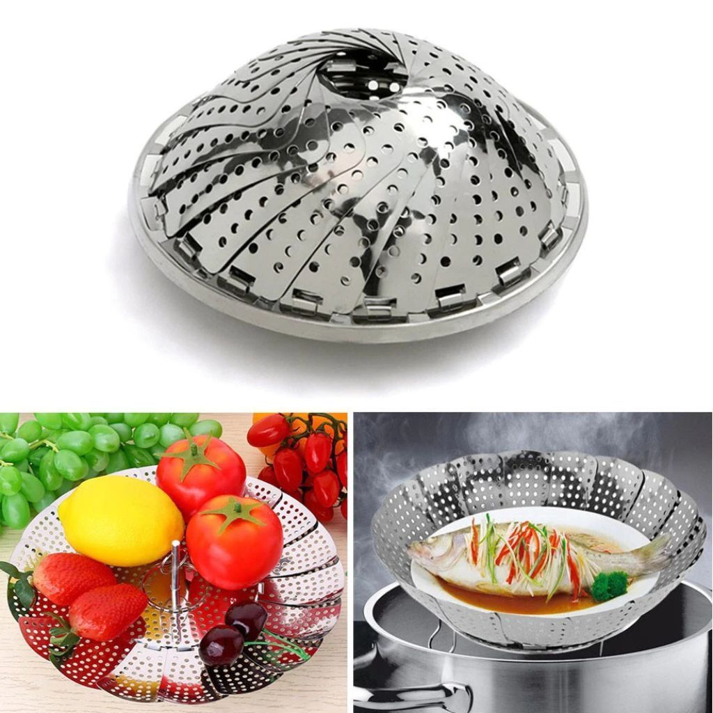 Xửng hấp, vỉ hấp inox 304 đa năng gấp gọn, có tay nhấc, chân đế tiện lợi