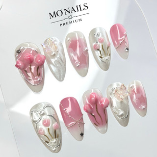 (Mua 1 Tặng 1) Nailbox Thiết Kế Tiểu Thư, Móng Úp, Móng Tay Giả Hoa Tulip Dây Bi Nổi P09
