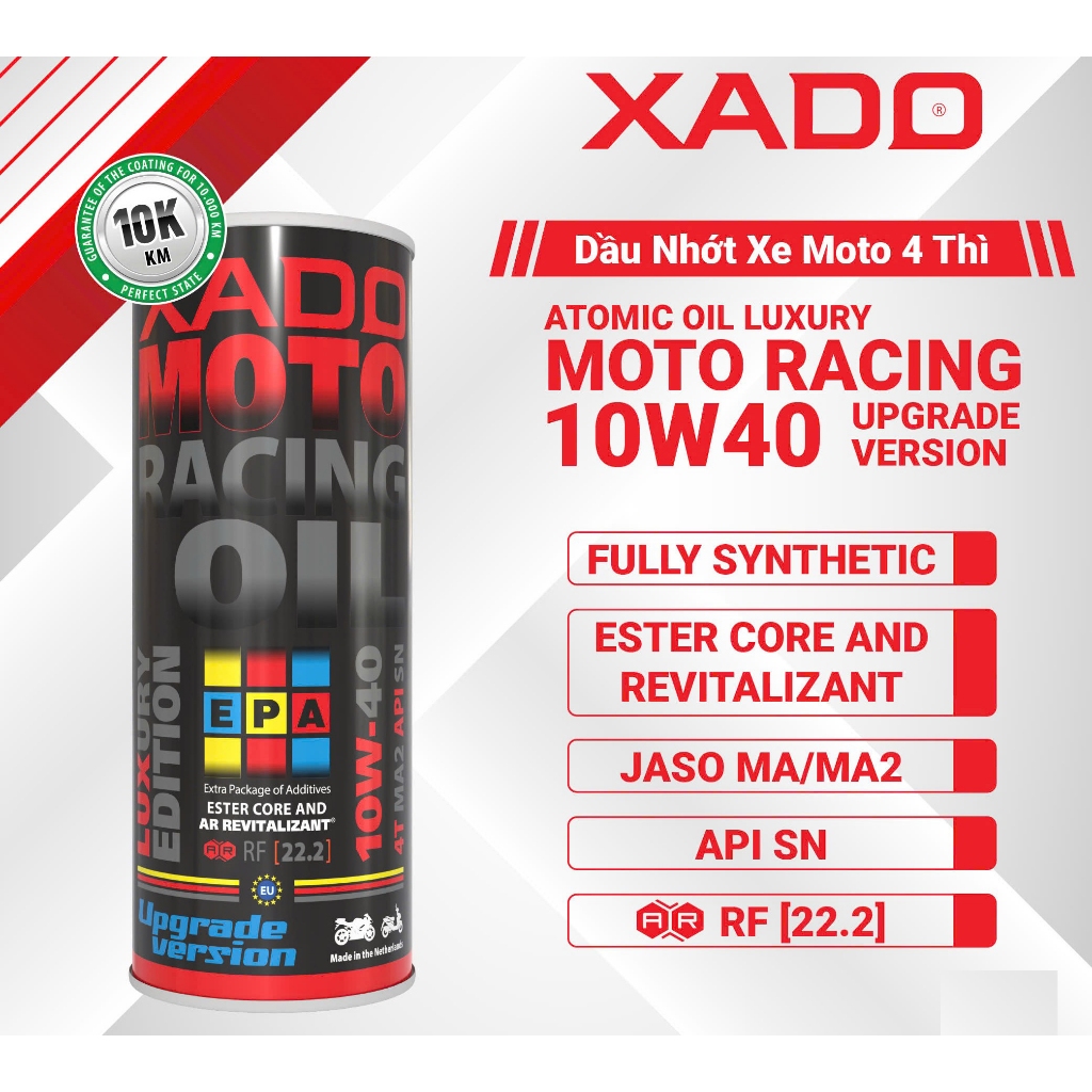Nhớt Xado Racing 10W40 RF 22.2 Dành Cho Xe Số, Côn Tay Tặng 2 Qùa: 1 phục hồi nhựa nhám nano Và 1 phụ gia nhớt Turbo