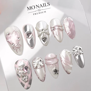 Nailbox Thiết Kế Sang Chảnh, Móng Úp, Móng Tay Giả Dây Bi Tráng Gương Bạc Vẽ P10
