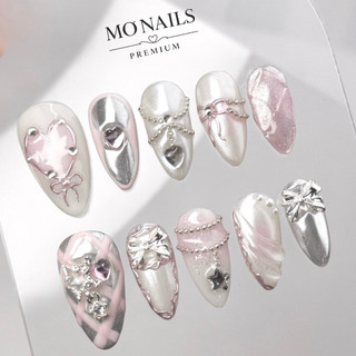 (Mua 1 Tặng 1) Nailbox Thiết Kế Sang Chảnh, Móng Úp, Móng Tay Giả Dây Bi Tráng Gương Bạc Vẽ P10