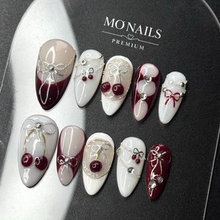 (Mua 1 Tặng 1) Nailbox Thiết Kế, Móng Úp, Móng Tay Giả Cherry Đỏ Rịu Đính Dây Bi P11