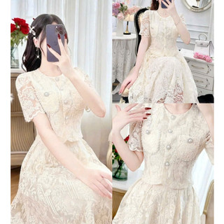 Set váy thời trang nữ mẫu mã sang xịn mịn chất Ren áo tay ngắn cổ tròn tay ngắn viền cườm phối chân váy dài xoè lót Lụa