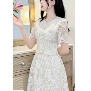 Set váy thời trang nữ mẫu mã sang xịn mịn chất Ren áo tay ngắn cổ tròn tay ngắn viền cườm phối chân váy dài xoè lót Lụa