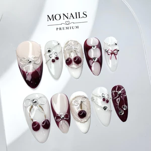 Nailbox Thiết Kế, Móng Úp, Móng Tay Giả Cherry Đỏ Rịu Đính Dây Bi P11