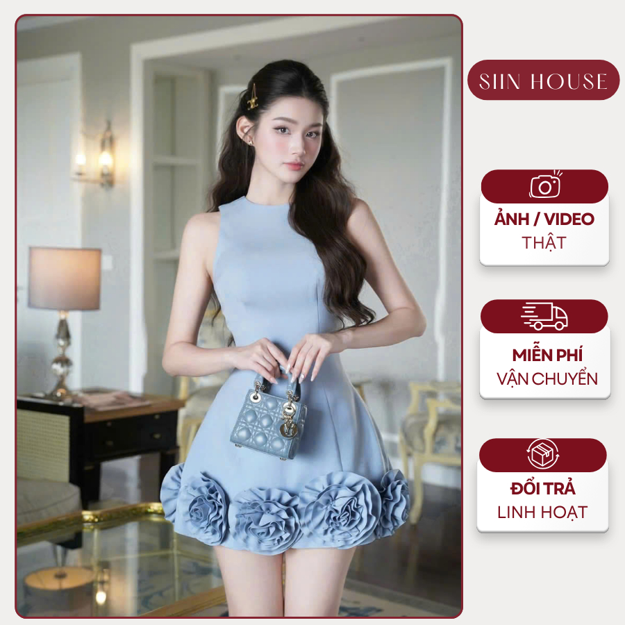 Đầm dự tiệc cổ tròn sát nách đính hoa sang chảnh 3 màu: Xanh, Be, Đen - Melia Dress - Siin House D0137