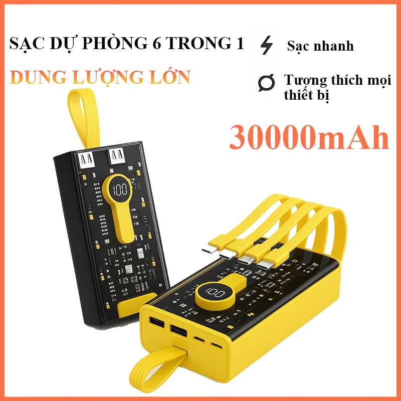 Sạc dự phòng 30000mAh trong suốt với cổng sạc nhanh 22,5W PD 20W kèm 4 đầu cáp sạc màn hình led