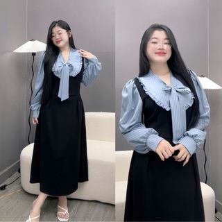 Đầm bigsize nữ yếm tiểu thư tay dài cổ nơ váy dáng dài màu đen thanh lịch cho chuppy từ 58 đến 92 ký A688