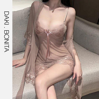 Set đồ ngủ sexy DK08 nữ gồm váy và áo choàng kiểu đầm 2 dây xuyên thấu kèm quần lót gợi cảm