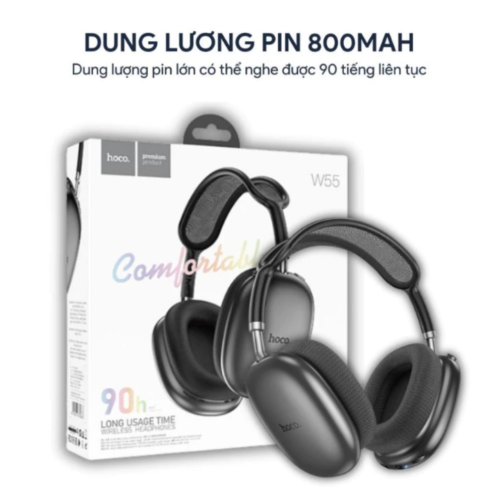 Tai Nghe Chụp Tai Hoco W55 Bluetooth V5.4, Pin Sử Dụng 90h, Có Mic, Hỗ Trợ Thẻ Nhớ, BH 2 Năm