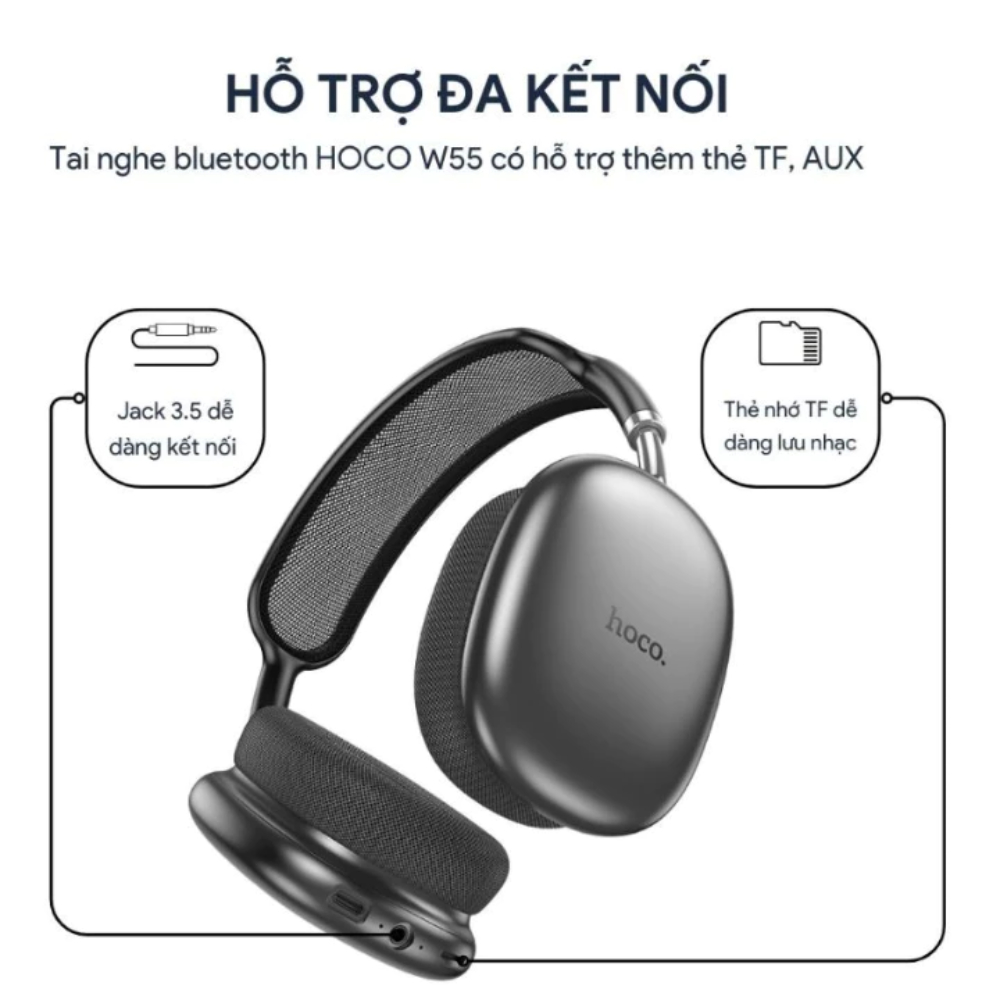 Tai Nghe Chụp Tai Hoco W55 Bluetooth V5.4, Pin Sử Dụng 90h, Có Mic, Hỗ Trợ Thẻ Nhớ, BH 2 Năm