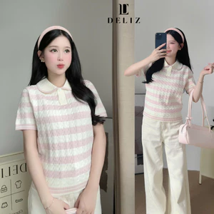 Áo len ngắn tay cho nữ phối màu patsel kẻ ngang phối cổ sen tiểu thư len lông thỏ PL32 300G