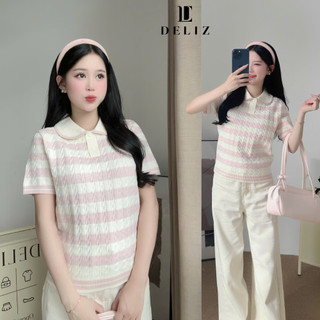 Áo len ngắn tay cho nữ phối màu patsel kẻ ngang phối cổ sen tiểu thư len lông thỏ PL32 300G