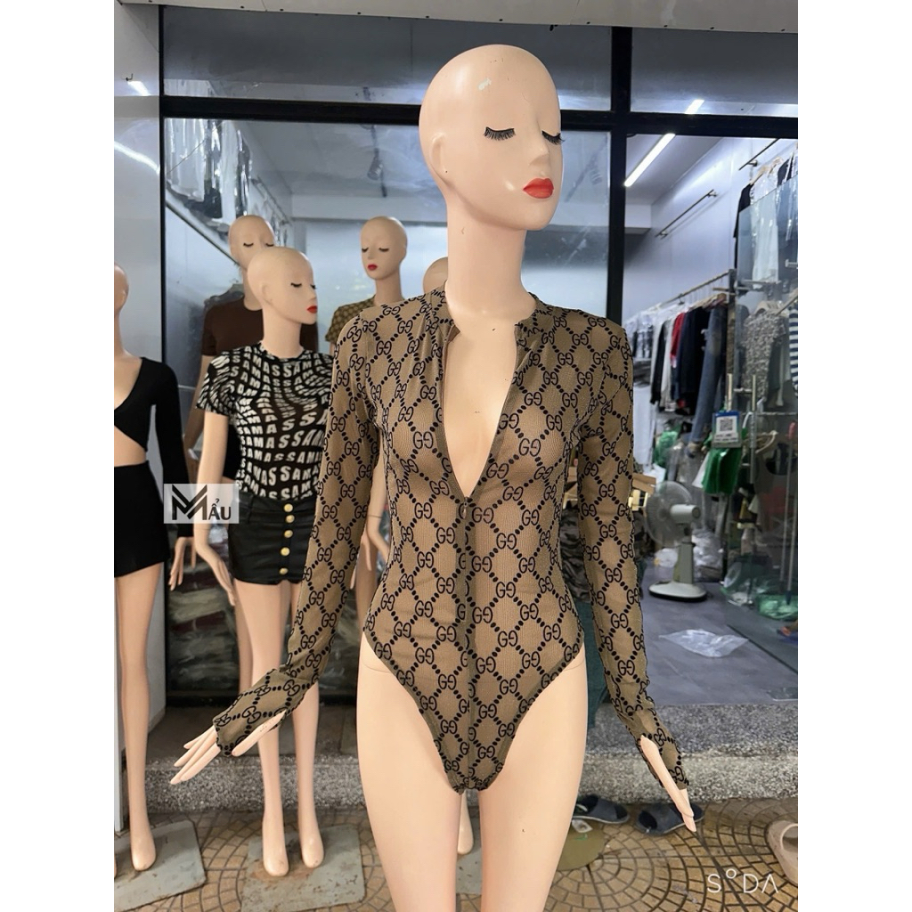 Áo body suits dài tay phối hoạ tiết khoá ngực siu chất