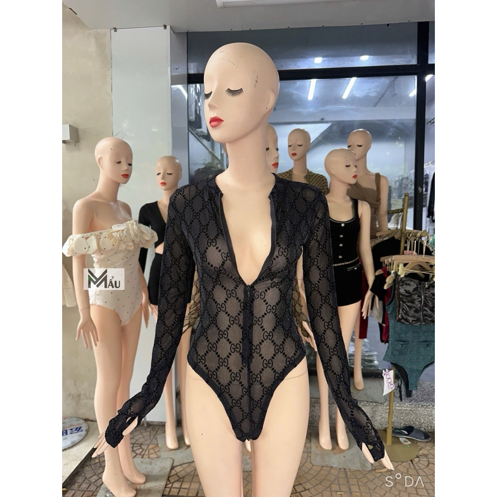 Áo body suits dài tay phối hoạ tiết khoá ngực siu chất