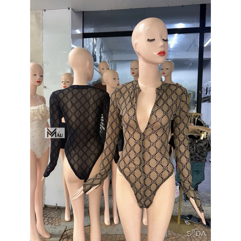Áo body suits dài tay phối hoạ tiết khoá ngực siu chất