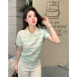 Áo len ngắn tay cho nữ phối màu patsel kẻ ngang phối cổ sen tiểu thư len lông thỏ PL32 300G