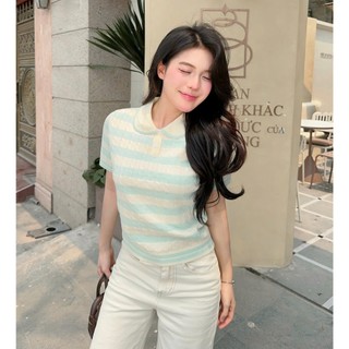 Áo len ngắn tay cho nữ phối màu patsel kẻ ngang phối cổ sen tiểu thư len lông thỏ PL32 300G