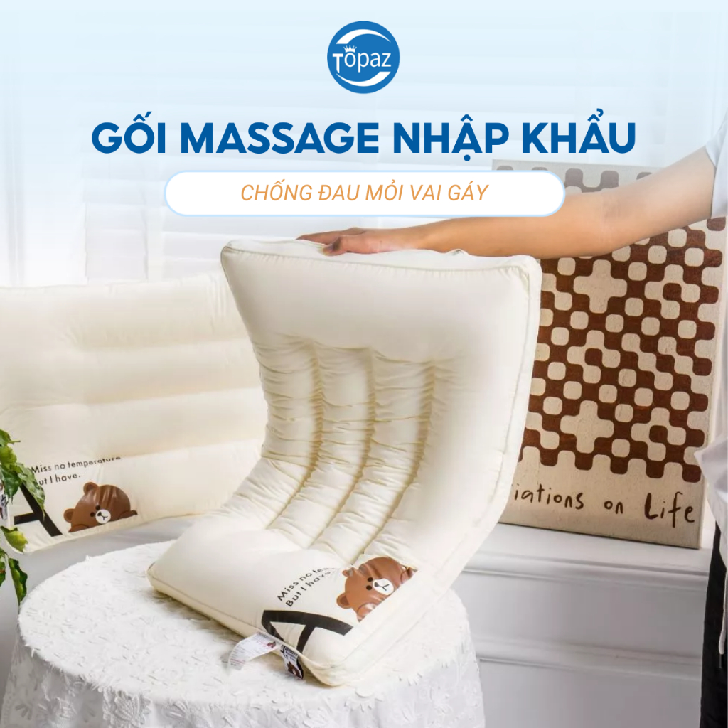 Gối massage TOPAZ nhập khẩu ruột gối bông sơ đậu nành cao cấp hỗ trợ giấc ngủ ngon chống đau mỏi vai gáy kích cỡ 47 x 58