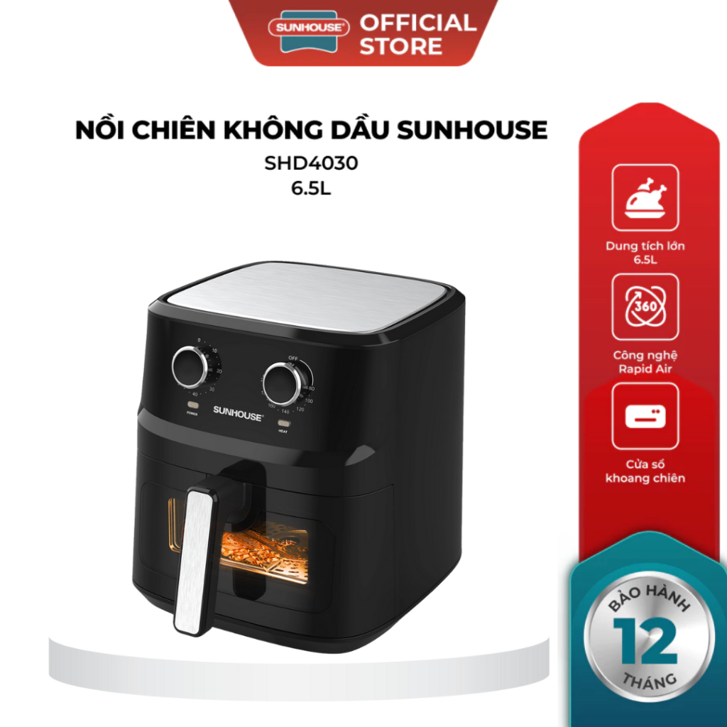 Nồi Chiên Không Dầu SUNHOUSE SHD4030 - 6.5L, 1700W, Chiên Nướng Không Cần Lật, Cửa Kính Trong Suốt
