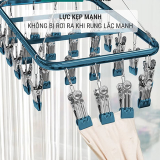 Móc chùm phơi quần áo, móc vuông inox 304 cho bé 18 kẹp đệm núm cao su mềm cao cấp bền đẹp tiện dụng