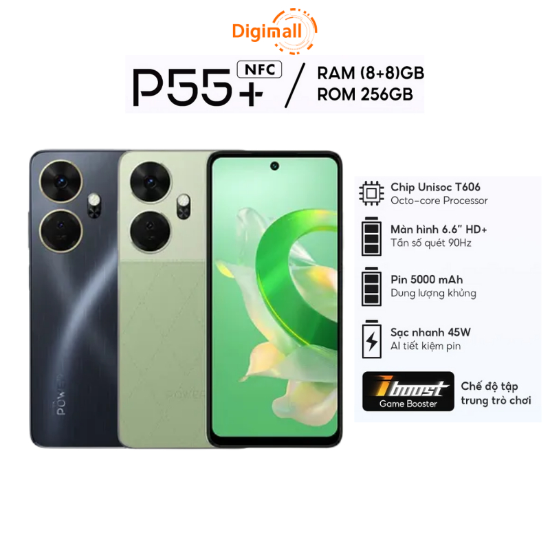 Điện Thoại Thông Minh Itel P55+ 16GB(8+8)/256GB | Hỗ Trợ NFC  | 5000 mAH | Sạc Nhanh 45W | HD+ 90Hz