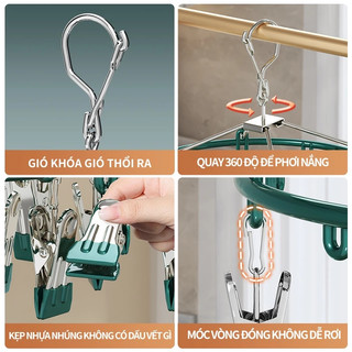 Móc chùm phơi quần áo, móc vuông inox 304 cho bé 18 kẹp đệm núm cao su mềm cao cấp bền đẹp tiện dụng