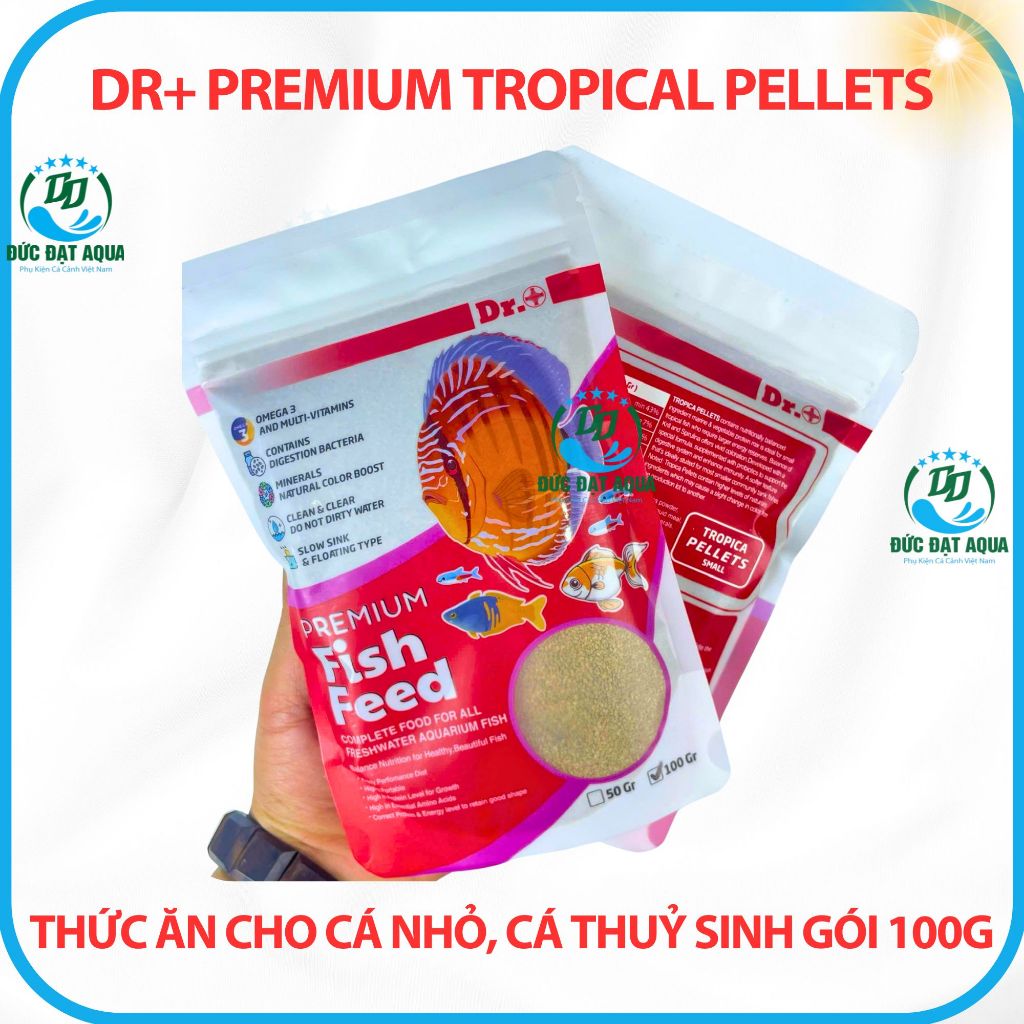 Thức ăn cho cá cảnh, cá thuỷ sinh, dàng cho cá nhỏ gói 100g Dr+ Premium Tropical Pellets 6