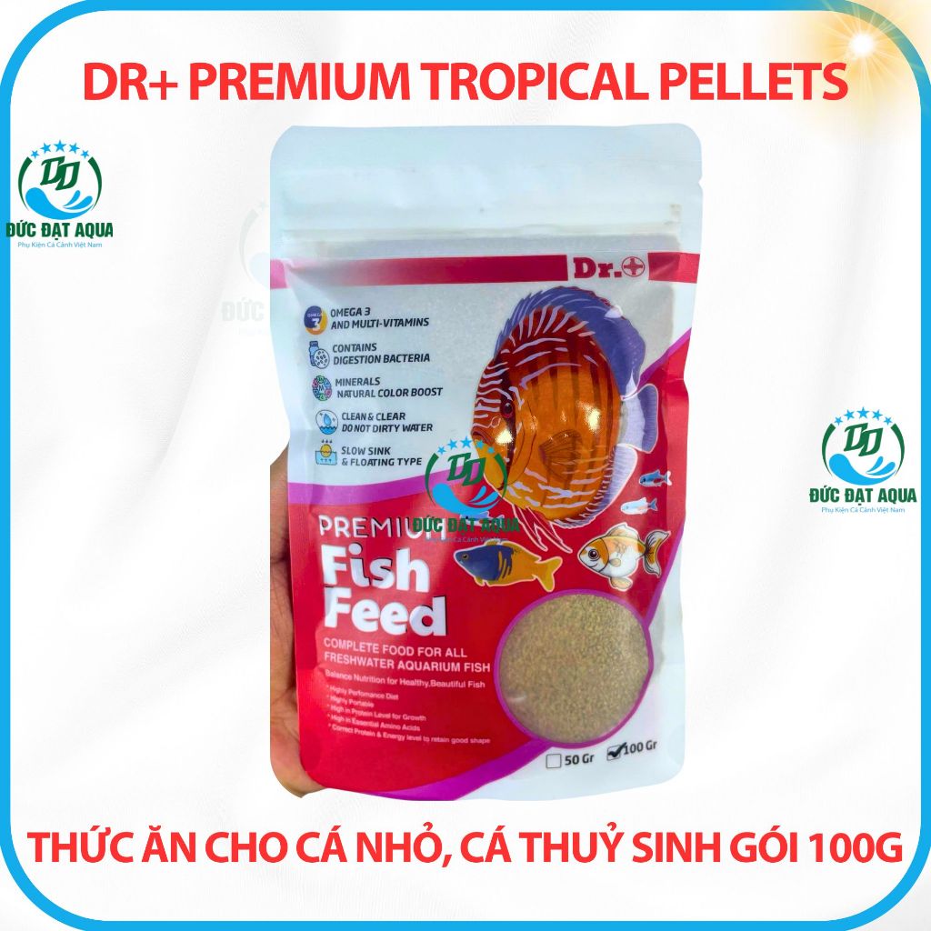 Thức ăn cho cá cảnh, cá thuỷ sinh, dàng cho cá nhỏ gói 100g Dr+ Premium Tropical Pellets 8